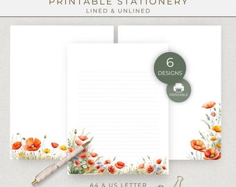 Poppy Letter Writing Paper Set, Printable Lined and Unlined Stationery for Snail Mail, Pen Pal Notes and Journaling