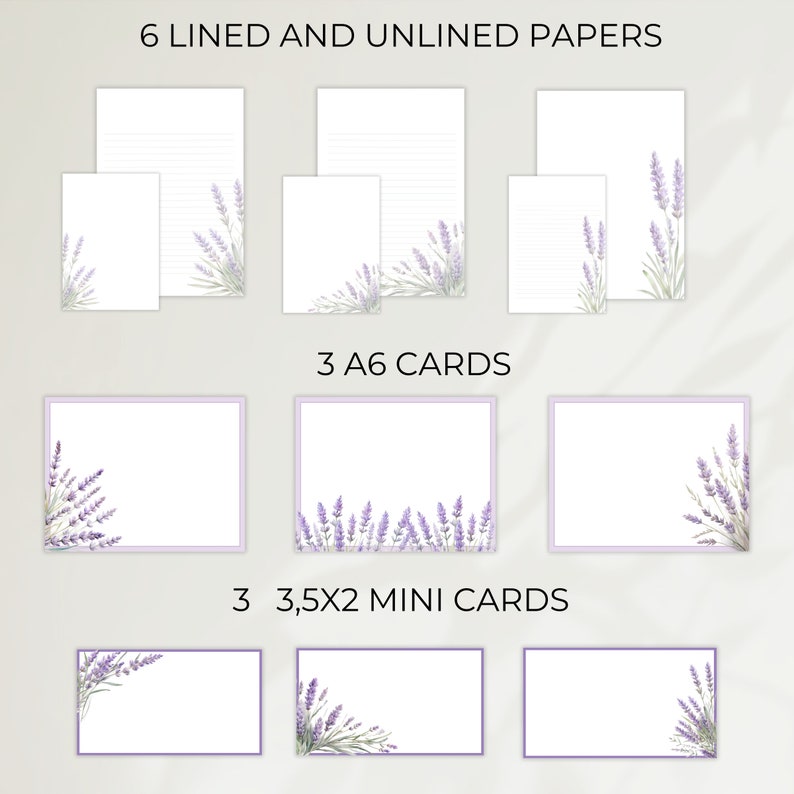 Printable Lavender Stationery Set Bundle, Mini Note Cards & Letter ...