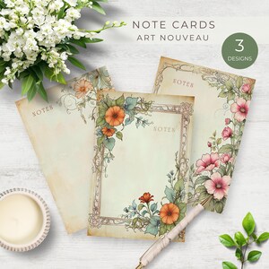 Juego de 3 tarjetas Art Nouveau imprimibles, tarjetas con notas en blanco, tarjetas de último minuto, tarjetas con notas de estilo vintage, tarjetas para todas las ocasiones