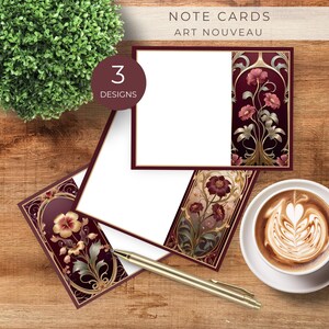 Art nouveau afdrukbare kaartenset, kastanjebruine vintage bloemen, alle gelegenheden, briefpapierset, direct downloaden