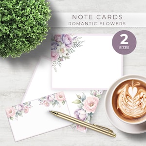 Cartões com flores em tons pastel, conjunto de cartões para impressão, notas de agradecimento em rosa e roxo, download instantâneo, artigos de papelaria para todas as ocasiões