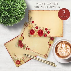 Cartões de notas de flores vintage para download instantâneo, cartões de notas em branco, cartões para todas as ocasiões para impressão, design de flores vermelhas