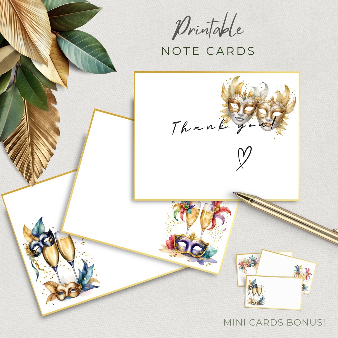 Masquerade Ball Blank Note Cards, Elegant Printable Set for Party ...
