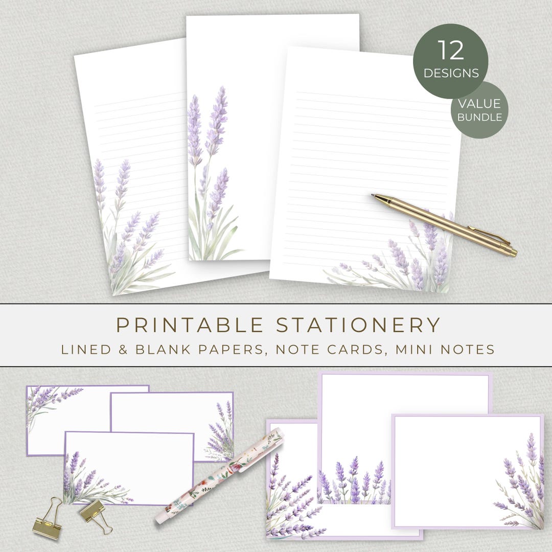 Printable Lavender Stationery Set Bundle, Mini Note Cards & Letter ...