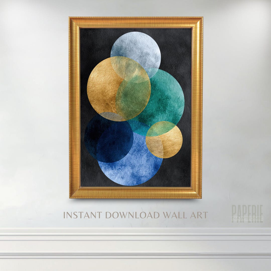 Modern Wall Art, Teal and Gold Geometric Art, Digital Watercolor Decor ...