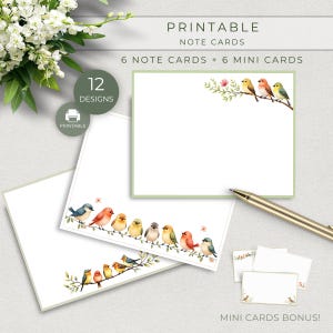 May include: Printable note cards with bird illustrations. The set includes 6 note cards and 6 mini cards. The cards feature colorful birds perched on branches with floral accents. The text on the image says "Printable Note Cards" and "12 Designs".