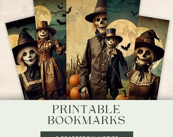 Spooky Scarecrow Halloween Bookmarks, Printable Book Tags, Book Lover Gift, Instant Download, Watercolor Bookmark