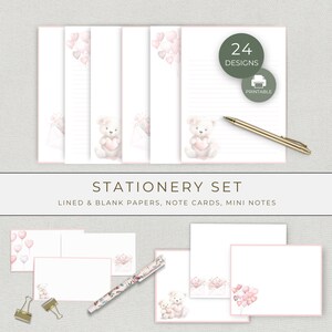 Conjunto de Papelaria com Corações Rosa Delicados, Inclui Papel para Escrita Imprimível, Cartões de Anotações e Mini Cartões, Ideal para o Dia dos Namorados e Cartas de Amor.