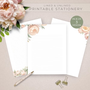 Set di carte da lettere Peach Peony, set di cancelleria stampabile, a righe e senza righe, elementi essenziali per amici di penna, decorazioni per posta ordinaria