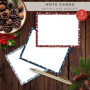 Cartões de nota imprimíveis com borda de floco de neve, cartão de agradecimento de Natal, papelaria de inverno, download instantâneo, todas as ocasiões