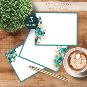 Tarjetas imprimibles en color verde azulado y dorado, descarga instantánea, tarjetas de último momento, juego de papelería, tamaño carta de EE. UU., tarjetas para toda ocasión