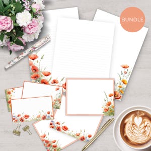 Poppy Meadow Briefpapier Set, Druckbare Karten, Briefpapier Set, Geschenkanhänger, rote Blume Briefpapier, Sofort Download