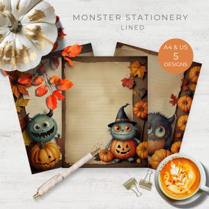 Set di cancelleria di Halloween Monster, carta da lettere stampabile, lettere per amici di penna, carta artigianale per posta ordinaria, pagine a righe, download digitale