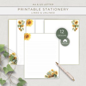 Puede incluir: Juego de papelería imprimible con diseños de girasoles. El conjunto incluye papel rayado y sin rayar, con un total de 12 diseños. La papelería es de tamaño A4 y US Letter. Un bolígrafo está colocado en el lado derecho.