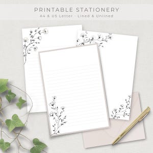 Carta da lettere a righe con motivi floreali, articoli di cancelleria stampabili per amici di penna, set per scrivere lettere, formati A4 e US Letter, download immediato.