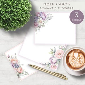 Tarjetas de notas con flores pastel, juego de tarjetas imprimibles, notas de agradecimiento en rosa y morado, descarga instantánea, para enviar por correo postal para cualquier ocasión.