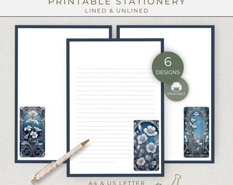 Blue and White Art Nouveau Printable Writing Paper, Lined and Unlined Letter Writing Set for Snail Mail and Elegant Pen Pal Notes
