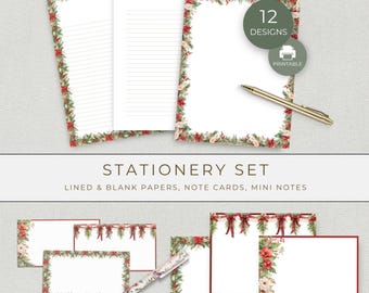 Christmas Border Stationery Bundle, Printable Writing Paper, Note Cards and Mini Cards, Holiday Snail Mail and Gifting Set