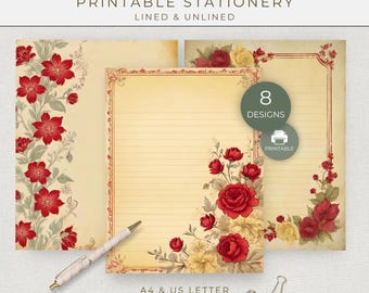Vintage Floral Printable Writing Paper, Lined and Unlined Letter Writing Set for Snail Mail, Pen Pal Notes and Romantic Journaling