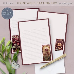 Juego de papelería Art Nouveau imprimible, papel rayado para escribir, papel para correspondencia por correo postal, juego de escritura de cartas, descarga instantánea en PDF