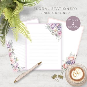Romantic Pastel Flower Stationery Set, Instant Download Paper, Lined Stationary, Penpal Letter Writing Papers, Purple Pink Decorative
