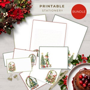 Papelaria e cartões de Natal para impressão, pacote de papelaria Busy Elf, papéis de escrita de Natal para download instantâneo