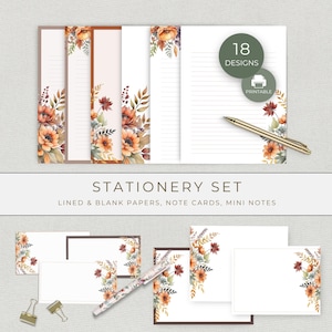 May include: A stationery set featuring floral designs in warm autumn colors. The set includes lined and blank papers, note cards, and mini notes. The image shows a pen, paper clips, and a variety of stationery items with a printable design option.