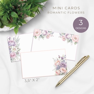 Utskrivbara minikort med romantiska blommor, rosa lila blommor, tacketiketter, gåvoetiketter, minianteckningar med flera användningsområden, pastellfärger