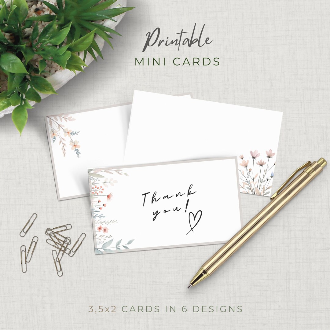 Printable Mini Note Cards, Minimal Flower Borders, Thank You Cards ...