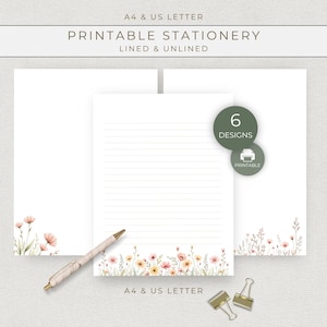 Minimal Flower Border Printable Writing Paper, Lined and Unlined for Snail Mail and Pen Pal Notes