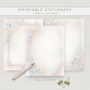 Crystal Snail Mail Writing Paper Set, Lined Stationery Paper, Pen Pal Supplies, Printable A4 Size, Elegant Notebook Paper