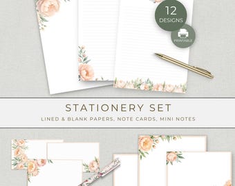 May include: A stationery set featuring white lined and blank papers, note cards, and mini notes. The papers are decorated with watercolor floral designs in peach and green. The set includes a gold pen and is labeled "12 Designs" and "Printable".