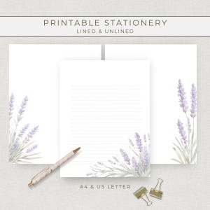 Lavendel Briefpapiere, bedruckbare Briefpapiere, Sofort Download Notiz, A4 US Letter, liniertes Papier, Blumen Briefpapier