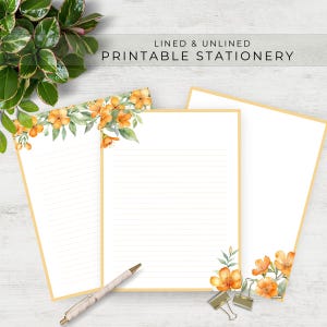 Carta da lettere con fiori arancioni, set di cancelleria stampabile, lettere decorative, posta ordinaria, amico di penna, carta per diario