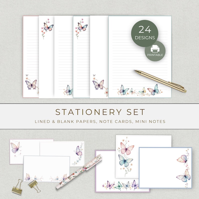 Butterfly Stationery Bundle, Printable Writing Paper, Note Cards and ...