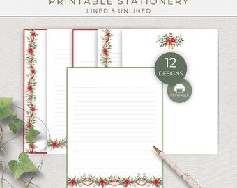 May include: Printable stationery set with lined and unlined paper. The design features a festive red and green floral border with poinsettias and ribbons. The set includes 12 designs and is available in A4 and US Letter sizes.