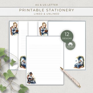 Puede incluir: Juego de papelería imprimible con papel rayado y sin rayas. El diseño presenta ilustraciones de mujeres leyendo, con un bolígrafo y el texto "Printable Stationery". Incluye 12 diseños.