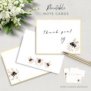 Cartões de agradecimento em branco com abelhas encantadoras, pacote de papelaria em tons pastel, tema natureza, para imprimir e baixar instantaneamente.