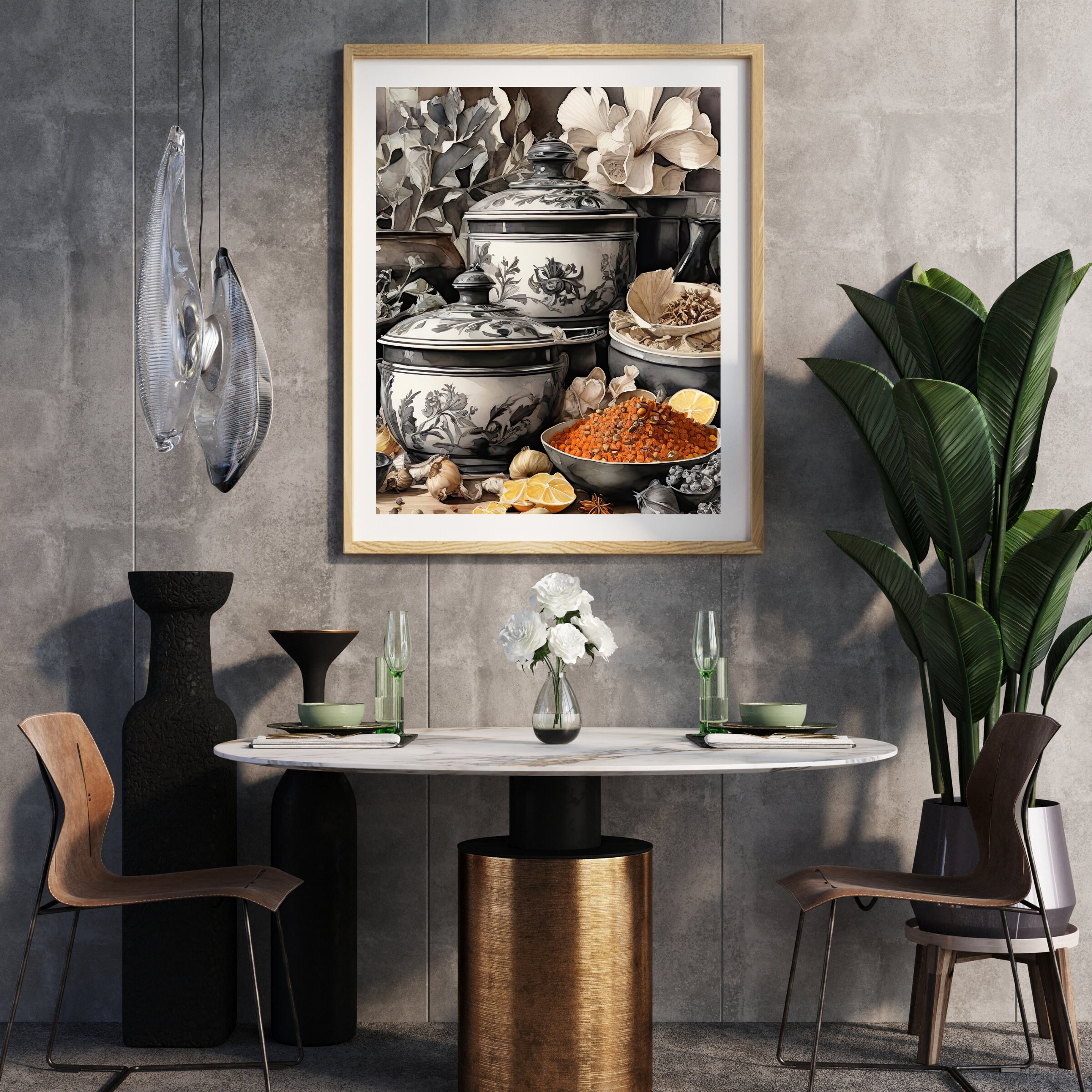 Kitchen Decor, Black and White Kitchen Pots Wall Art Print