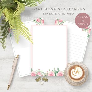 Set di carte da lettere romantiche con rose, a righe e senza righe, download digitale, cancelleria stampabile, posta ordinaria, download immediato