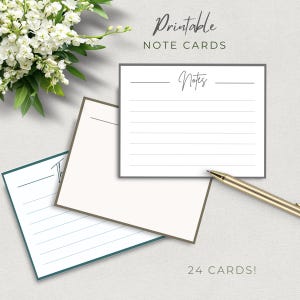 May include: Printable note cards with lined pages. The cards are white with grey and teal borders. The text "Notes" is written in cursive on one card. A gold pen rests near the cards. The words "24 cards!" are at the bottom.