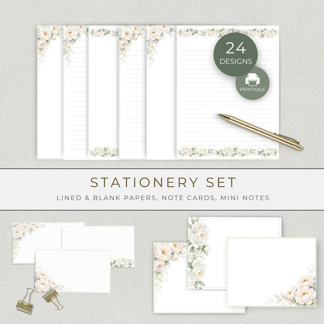 White Peony Stationery Bundle, Printable Writing Paper, Note Cards and ...