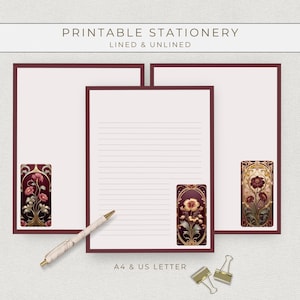 Printable Art Nouveau Stationery Set, Lined Writing Paper, Snail Mail Penpal Paper, Letter Writing Set, Instant Download PDF
