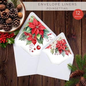 Forros para sobres navideños con flores de Pascua rojas, descarga instantánea, material de papelería imprimible, 12 tamaños, inserto para invitación navideña, decoración navideña