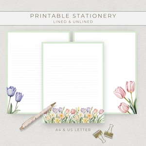 Tulip Spring Writing Paper Set, Lined Stationery Sheets, Snail Mail Decorative Letters, Printable Pen Pal Paper
