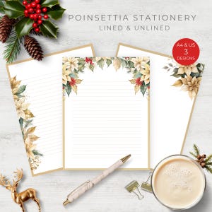 Set di cancelleria Poinsettia dorata, carta da lettere per le feste, download istantaneo stampabile, carta decorativa, posta ordinaria, amico di penna