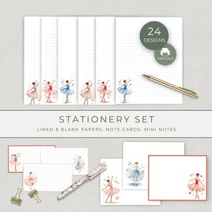 Heart Ballerina Stationery Bundle, Printable Writing Paper, Note Cards and Mini Cards, Dance Lover and Gifting Set