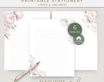 Peony Floral Printable Writing Paper, Lined and Unlined Set for Snail Mail and Romantic Gifting