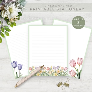 Juego de papel para escribir Tulip Spring, hojas de papelería con líneas, letras decorativas para correo postal, papel imprimible para amigos por correspondencia