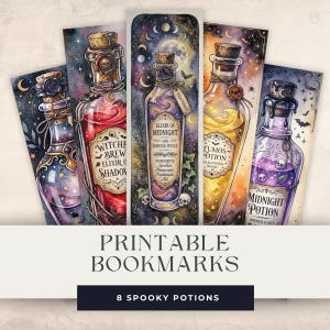 Op de afbeelding: Een set van vijf verticale bladwijzers met illustraties van glazen toverdrankflesjes met kurken stoppen, waszegels en labels met de tekst Witches Brew, Elixir of Midnight, Lumos Potion en Midnight Potion tegen een donkere hemelse achtergrond.
